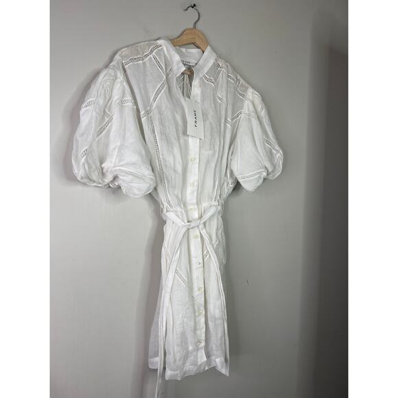 NWT Frame Inset Lace Puff Sleeve Button Front Dress White Blanc Size: Large - Picture 3 of 8